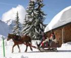 Μια οικογένεια σε ένα έλκηθρο τράβηξε από ένα άλογο για τα Χριστούγεννα